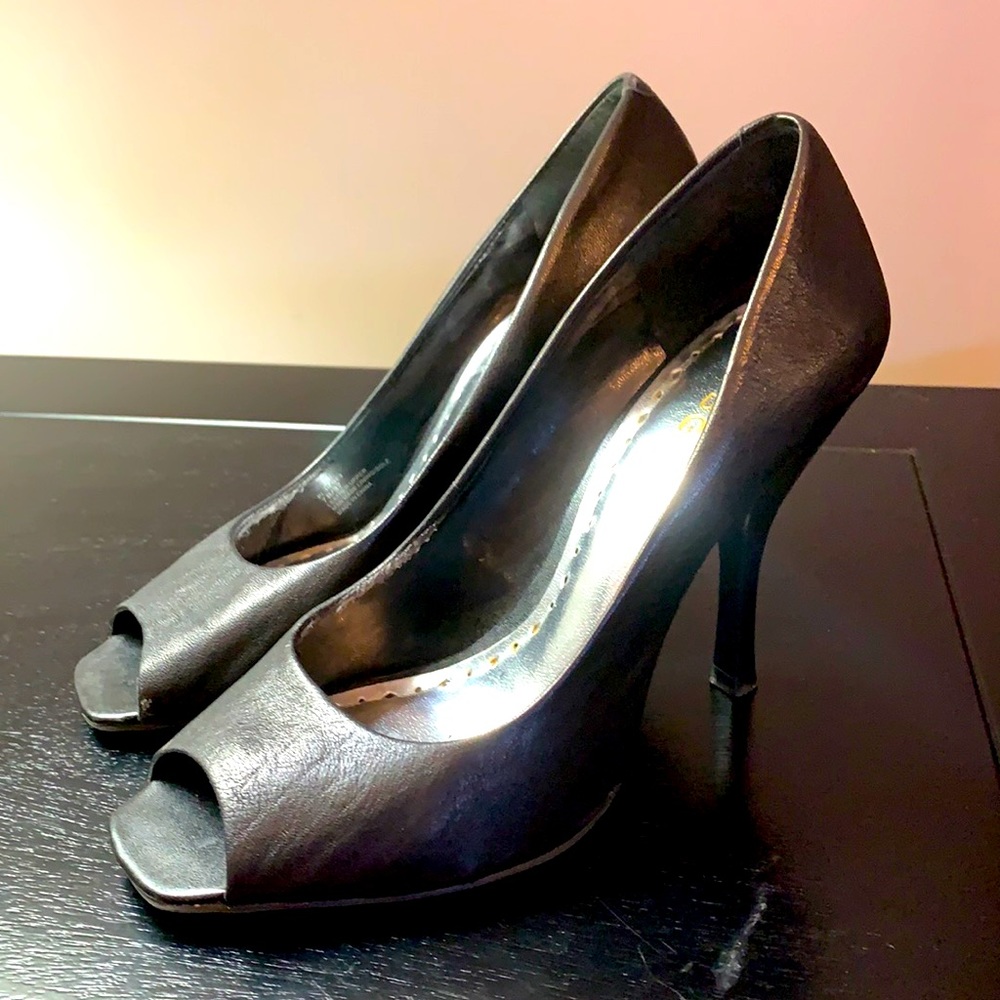 BCBGirls black leather open toe heels